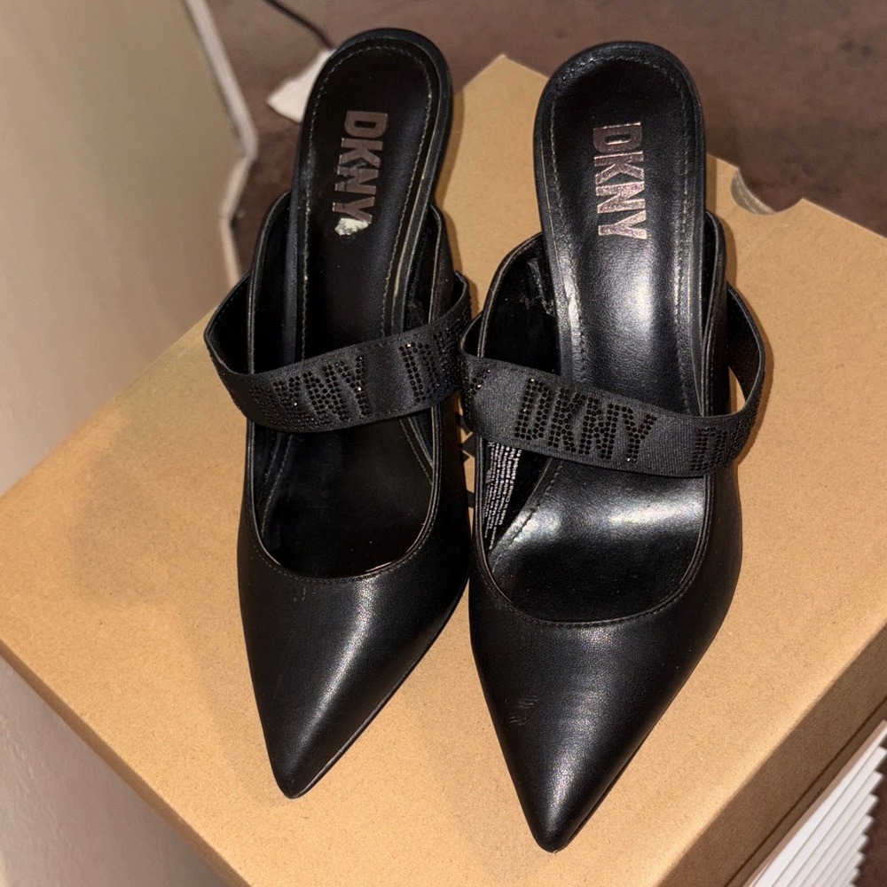 DKNY Black Pointed Mule with Branded Elastic Strap